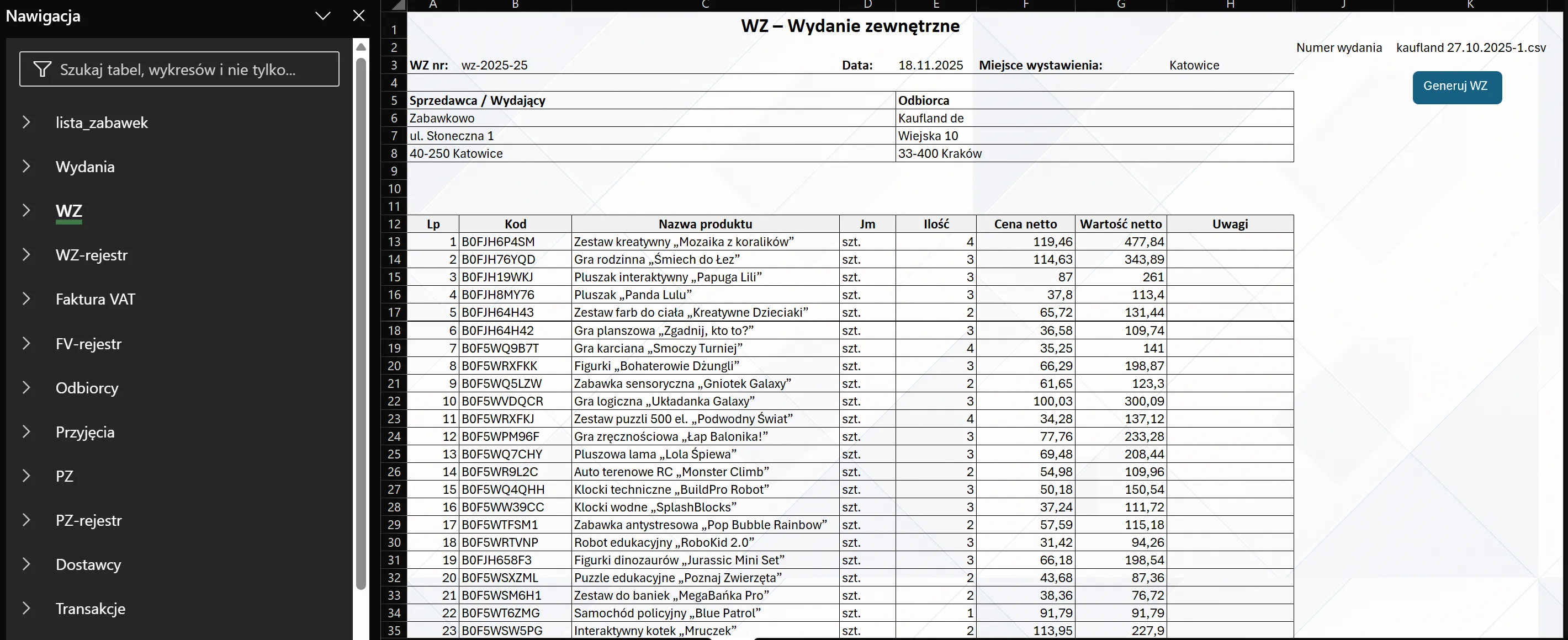 Automatycznie wypełniony dokument WZ
